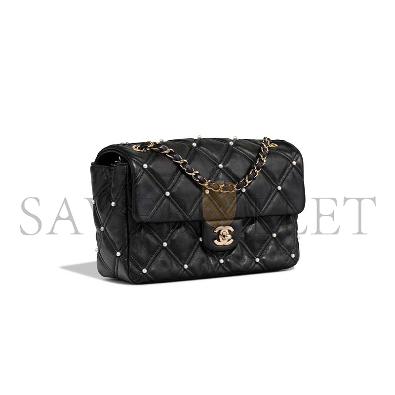 Ch**el black lambskin quilted pearl studded flap bag with ghw (24*16*7.5cm)